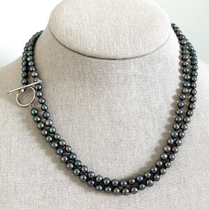 14K Solid White Gold Genuine 5MM Black Pearls Long Hand Knotted Necklace 34"